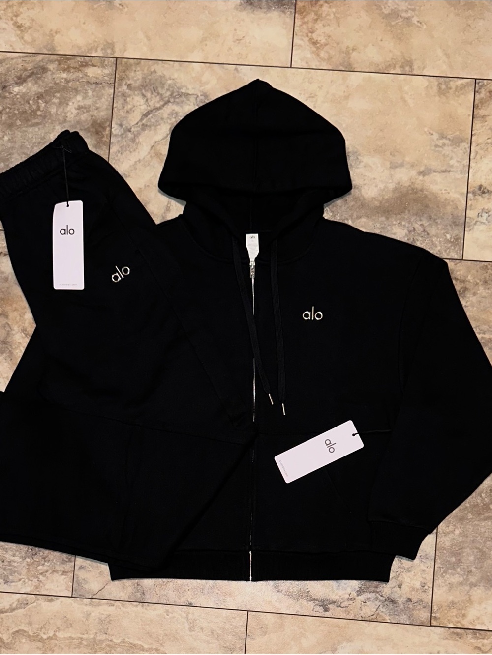 Alo Yoga Accolade Full Zip Hoodie & Sweatpants Set Black Sweatsuit Size XS